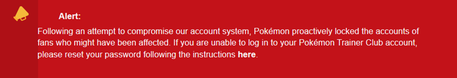 The alert about hacking attempts that The Pokémon Company posted on its official support website. 