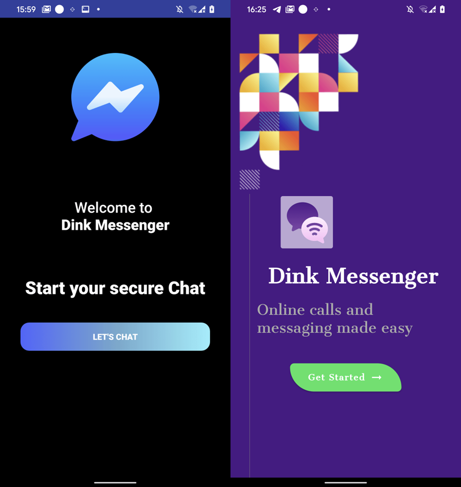 Dink Messenger'ın özel bir web sitesinden (solda) ve Google Play'den (sağda) indirilen kullanıcı arayüzü