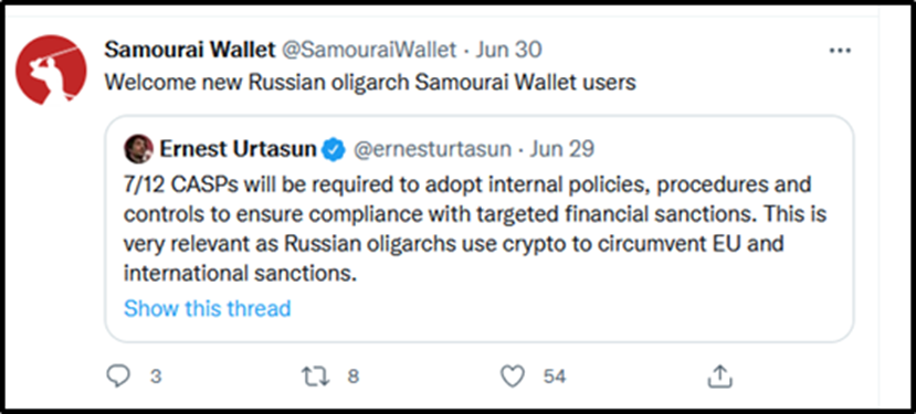 Invited criminals to use Samourai for money laundering purposes.