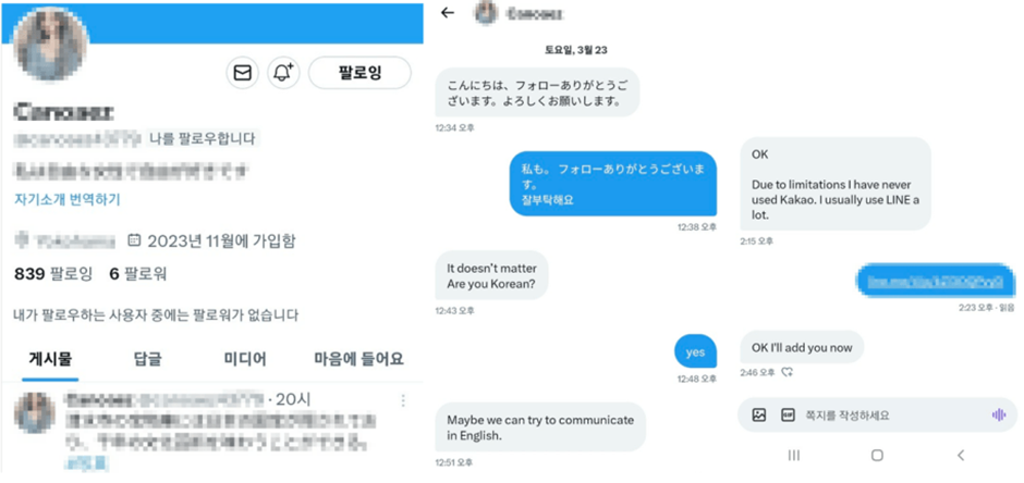 The perpetrator sends a DM upon being followed by the victim and urging them to take the conversation to a messenger app with a translation feature
