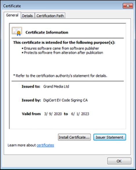 Dew VPN binary certificate issued to: Grand Media Ltd