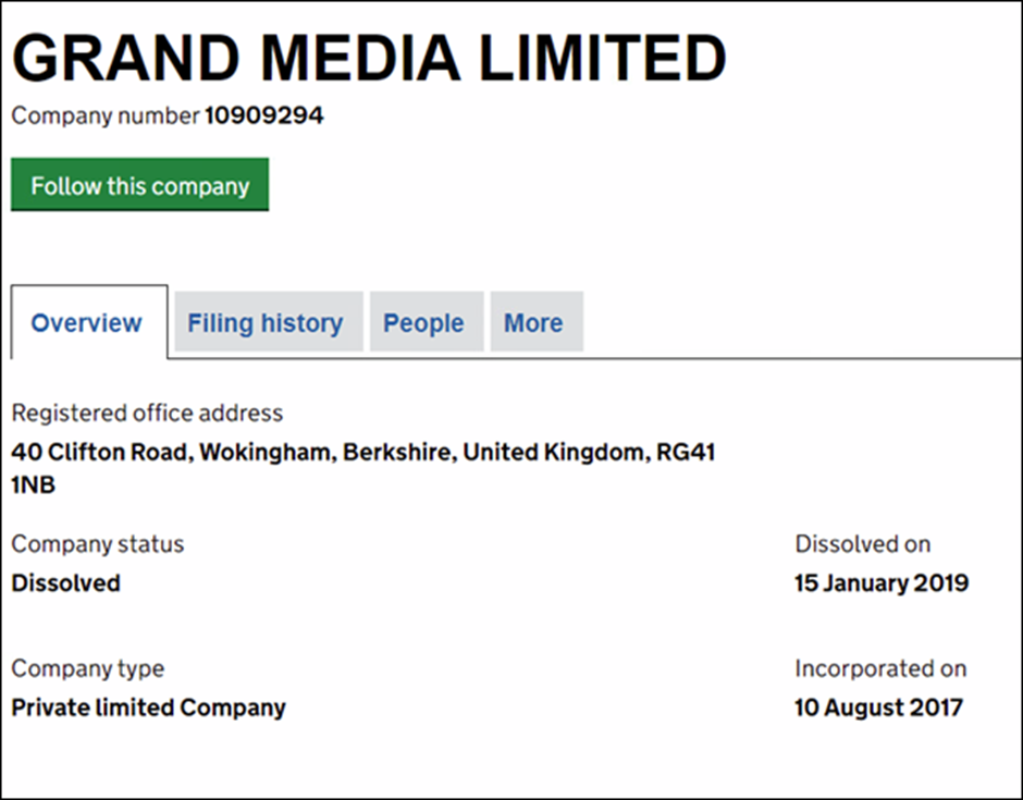 Incorporation records for Grand Media Limited (UK)