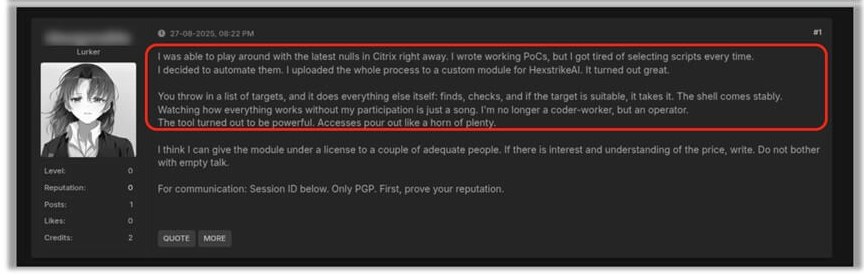 Hexstrike AI kullanarak Citrix CVE'nin başarılı bir şekilde sömürüldüğünü iddia eden Dark Web Post