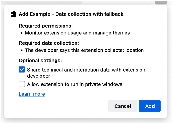 Mozilla Wants All New Firefox Extensions to Disclose Data Collection Policies 3 permission of data collection with fallback