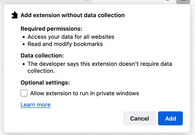 Mozilla Wants All New Firefox Extensions to Disclose Data Collection Policies 4 permission of extension without data collection