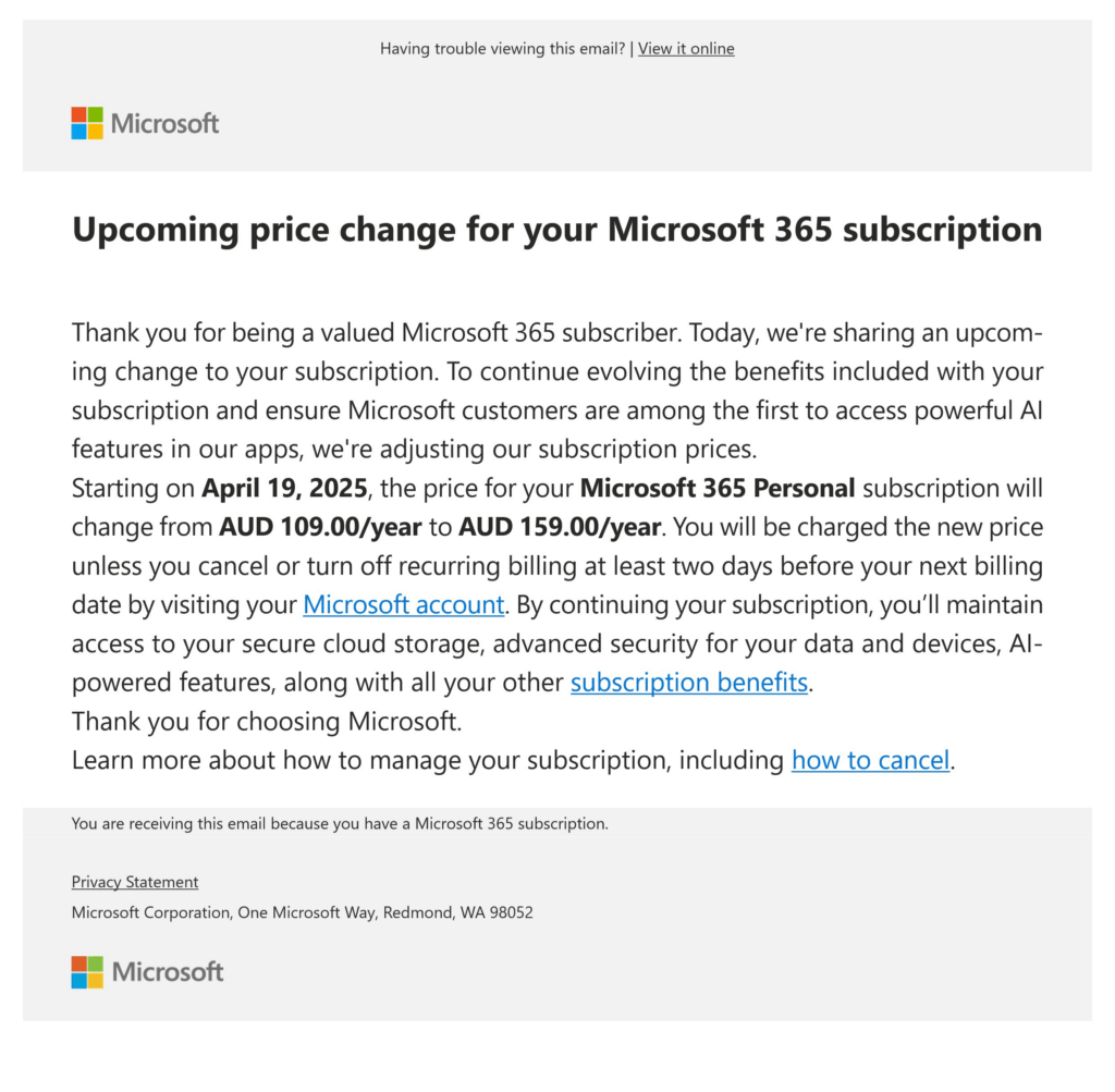 Abonelere Copilot entegrasyonu ve fiyat artışı hakkında bilgi veren e-posta gönderildi
