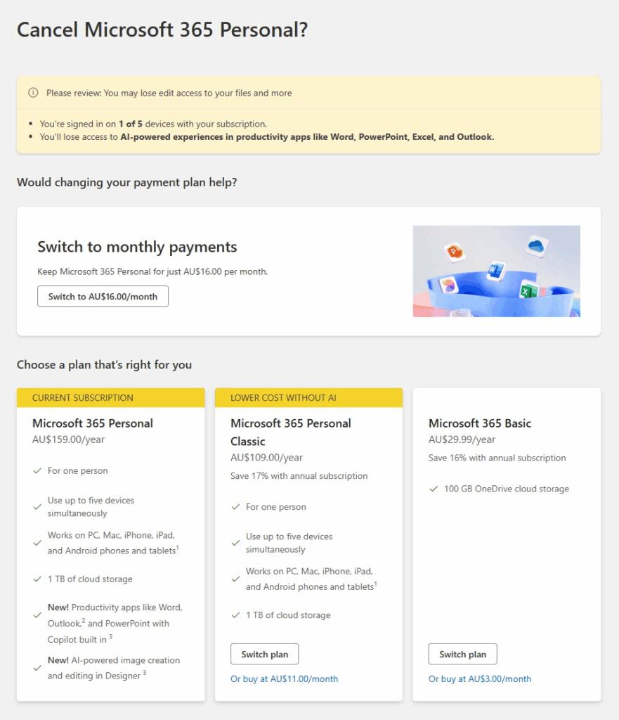 İptal sürecinin sonlarında Klasik planı gösteren sayfa
